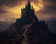 Black castle on island hill, gothic style art