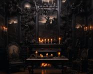 Gothic room in the dark with a dark, gothic style art