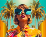 A woman wearing sunglasses and palm trees, digital collage art