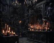 A black and ornately decorated room with candles and paintings, gothic style art