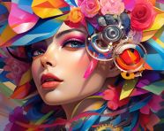 An artistic image of a female face decorated with a colorful pattern, digital collage art