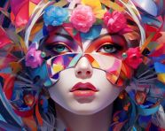 Colorful pattern decorates female face, digital collage art