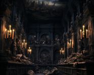 Candlelit black room with ornate paintings, gothic style art