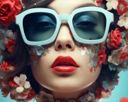 An advertisement with a girl wearing sunglasses, digital collage art