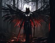 An angel standing in a dark forest, grimdark art