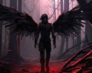 A male angel walking through a dark forest, grimdark art