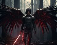 Angel walks through the woods, grimdark art