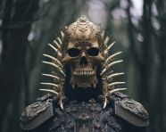 A skull dressed in armor and dark costume, grimdark art