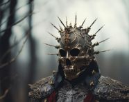 Armored skull in dark costume, grimdark art