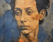 An old portrait of a woman appears in a museum, fayum style art