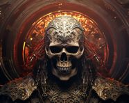 An ornate skull with an intimidating pose, grimdark art