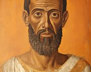 Old man in tunic painting, fayum style art