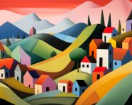 Colorful village in abstract painting, folk style art