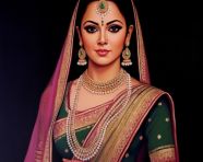 An ethnic painting of an indian girl with green sari, kangra painting styles