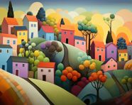 A painting of colorful houses on a hilly landscape, folk style art