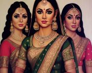 Indian girl in green sari painting, kangra painting styles