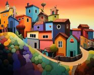Colorful houses on hilly landscape painting, folk style art