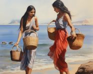 Painting of women with baskets, kangra painting styles