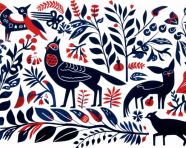 A black and white drawing on a white background, folk style art