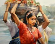 Watercolor painting of women carrying water, kangra painting styles