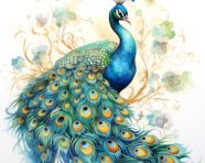 A colorful watercolor peacock is standing on a white background, kangra painting styles