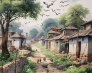A watercolor painting of an indian village, kangra painting styles