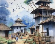 Watercolor indian village scene, kangra painting styles