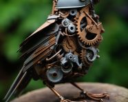 A bird made of metal on gears top of it, found object art ideas
