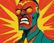 A cartoon of a man with a red suit and yellow eyes, lucha libre