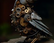 Bird of steel perched on gears, found object art ideas