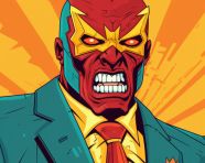 Man in red suit with glowing yellow eyes, lucha libre