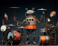 A metal drummer on a pedestal with drums, found object art ideas