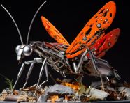 Metal and wood praying mantis sculpture, found object art ideas