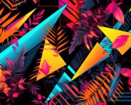 Pink yellow and orange jungle style pattern with leaves and triangles, memphis style art
