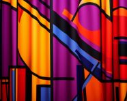 A geometric bathroom curtain featuring hot colors, memphis style art
