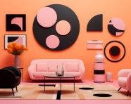 Pink walls with colorful accents and pink furniture, memphis style art