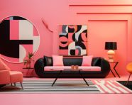 Pink bedroom with colorful decor, memphis style art