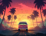 A bus is parked in front of palm trees at sunset, funk art style