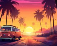 Sunset bus in tropical oasis, funk art style