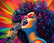 Jazz singer colorist by caroline lynch, funk art style