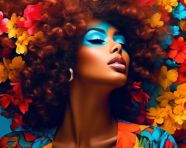 A black woman with afro styles in a colorful background, funk art style
