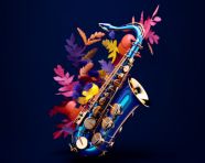 Saxophone on a dark blue background, funk art style