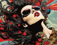 Psychedelic poster lady with crazy head and clouds, funk art style