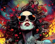 Woman with cloud head in psychedelic art, funk art style