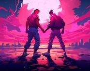 A scene of two street fighter fighters, pixel style art