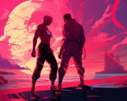 Two street fighters face off, pixel style art