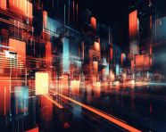 An image of a digital futuristic city, glitch style art