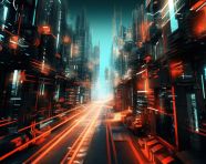 Flying cars in the city of tomorrow, glitch style art