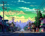 Pixelated city street wallpaper, pixel style art