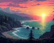 Pixel art artwork at sunset, pixel style art